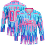 Custom Blue Pink-White Melting Gradient Liquid Lace Neck Hockey Jersey