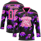Custom Black Pink Purple-White Melting Rave Psychedelic Checkerboard Lace Neck Hockey Jersey