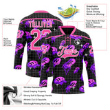 Custom Black Pink Purple-White Melting Rave Psychedelic Checkerboard Lace Neck Hockey Jersey
