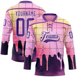 Custom Pink Purple Yellow-White Melting Rave Psychedelic Checkerboard Lace Neck Hockey Jersey