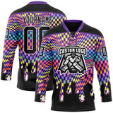 Custom Black White-Purple Melting Rave Psychedelic Checkerboard Lace Neck Hockey Jersey