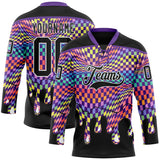 Custom Black White-Purple Melting Rave Psychedelic Checkerboard Lace Neck Hockey Jersey