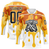 Custom Yellow Black-White Melting Foodie Cheese Lace Neck Hockey Jersey