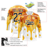 Custom Yellow Black-White Melting Foodie Cheese Lace Neck Hockey Jersey