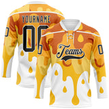 Custom Yellow Black-White Melting Foodie Cheese Lace Neck Hockey Jersey