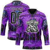 Custom Purple Black-White Melting Psychedelic Lace Neck Hockey Jersey