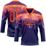Custom Dark Purple Orange-Purple Melting Psychedelic Lace Neck Hockey Jersey