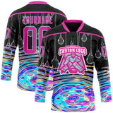 Custom Black Deep Pink-Ice Blue Melting Psychedelic Water Lace Neck Hockey Jersey
