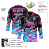 Custom Black Deep Pink-Ice Blue Melting Psychedelic Water Lace Neck Hockey Jersey