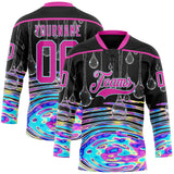 Custom Black Deep Pink-Ice Blue Melting Psychedelic Water Lace Neck Hockey Jersey