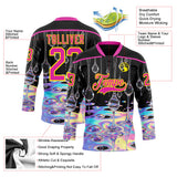 Custom Black Deep Pink-Light Yellow Melting Psychedelic Water Lace Neck Hockey Jersey