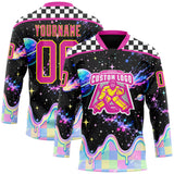 Custom Black Deep Pink-Light Yellow Melting Rave Psychedelic Galaxy Lace Neck Hockey Jersey