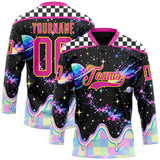 Custom Black Deep Pink-Light Yellow Melting Rave Psychedelic Galaxy Lace Neck Hockey Jersey