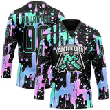 Custom Black-Green Melting Rave Psychedelic Lace Neck Hockey Jersey