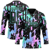 Custom Black-Green Melting Rave Psychedelic Lace Neck Hockey Jersey