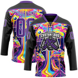 Custom Black Purple-White Melting Psychedelic Mushroom Lace Neck Hockey Jersey