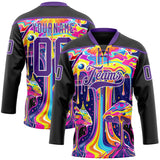 Custom Black Purple-White Melting Psychedelic Mushroom Lace Neck Hockey Jersey
