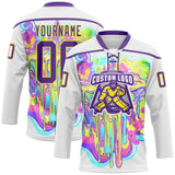 Custom White Purple-Light Yellow Melting Psychedelic Lace Neck Hockey Jersey