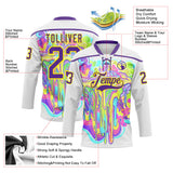 Custom White Purple-Light Yellow Melting Psychedelic Lace Neck Hockey Jersey