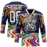 Custom Navy White-Black Melting Psychedelic Lace Neck Hockey Jersey