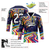 Custom Navy White-Black Melting Psychedelic Lace Neck Hockey Jersey