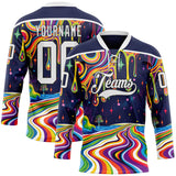 Custom Navy White-Black Melting Psychedelic Lace Neck Hockey Jersey