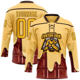 Custom Yellow Gold-Brown Melting Foodie Chocolate Honey Lace Neck Hockey Jersey