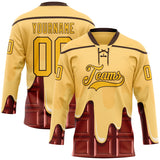 Custom Yellow Gold-Brown Melting Foodie Chocolate Honey Lace Neck Hockey Jersey
