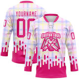 Custom Hot Pink-White Melting Rave Psychedelic Checkerboard Lace Neck Hockey Jersey