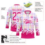 Custom Hot Pink-White Melting Rave Psychedelic Checkerboard Lace Neck Hockey Jersey