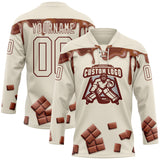 Custom Cream Brown-White Melting Foodie Chocolate Lace Neck Hockey Jersey