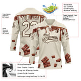 Custom Cream Brown-White Melting Foodie Chocolate Lace Neck Hockey Jersey
