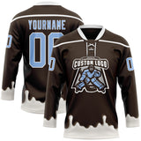 Custom Brown Light Blue-White Melting Foodie Cream Lace Neck Hockey Jersey