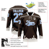 Custom Brown Light Blue-White Melting Foodie Cream Lace Neck Hockey Jersey