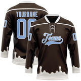 Custom Brown Light Blue-White Melting Foodie Cream Lace Neck Hockey Jersey