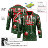Custom Green Red-White Melting Rave Christmas Lace Neck Hockey Jersey