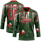 Custom Green Red-White Melting Rave Christmas Lace Neck Hockey Jersey