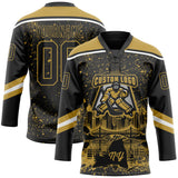 Custom Black Old Gold-White New York NY City Skyline State Pride Paint Splatter Lace Neck Hockey Jersey