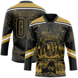 Custom Black Old Gold-White New York NY City Skyline State Pride Paint Splatter Lace Neck Hockey Jersey