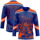 Custom Royal Orange-White New York NY City Skyline State Pride Paint Splatter Lace Neck Hockey Jersey