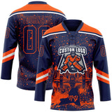 Custom Navy Orange-White New York NY City Skyline State Pride Paint Splatter Lace Neck Hockey Jersey