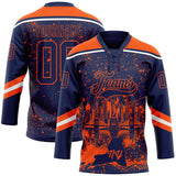 Custom Navy Orange-White New York NY City Skyline State Pride Paint Splatter Lace Neck Hockey Jersey