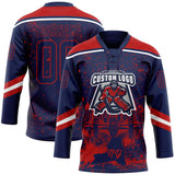 Custom Navy Red-White New York NY City Skyline State Pride Paint Splatter Lace Neck Hockey Jersey