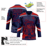 Custom Navy Red-White New York NY City Skyline State Pride Paint Splatter Lace Neck Hockey Jersey