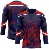 Custom Navy Red-White New York NY City Skyline State Pride Paint Splatter Lace Neck Hockey Jersey