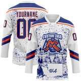 Custom White Royal-Orange Washington DC WA City Skyline State Pride Paint Splatter Lace Neck Hockey Jersey