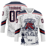 Custom White Navy-Red Washington DC WA City Skyline State Pride Paint Splatter Lace Neck Hockey Jersey