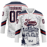 Custom White Navy-Red Washington DC WA City Skyline State Pride Paint Splatter Lace Neck Hockey Jersey