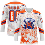 Custom White Orange-Royal Dallas TX City Skyline State Pride Paint Splatter Lace Neck Hockey Jersey