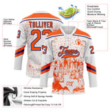 Custom White Orange-Royal Dallas TX City Skyline State Pride Paint Splatter Lace Neck Hockey Jersey